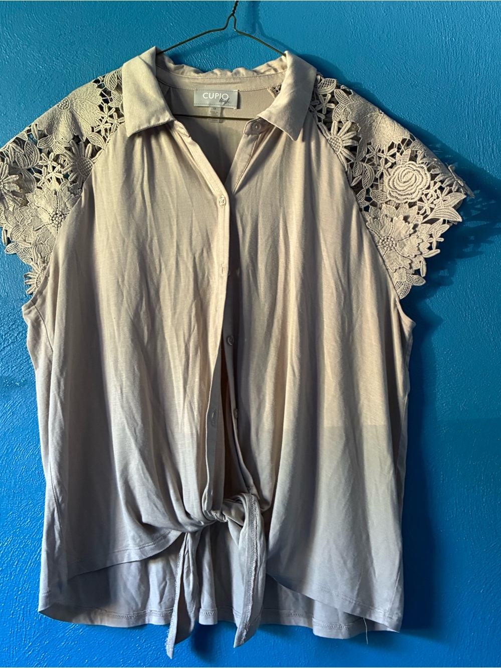Cupio Taupe Button-Front Tie Blouse with Lace Cap Sleeves